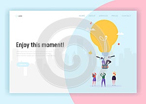 People on Lightbulb Flying Airballoon Looking for Business Idea Concept Landing Page. Male and Female Character Creative Solution