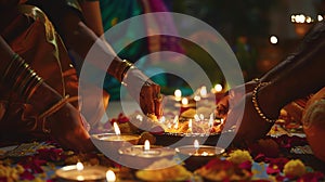 People lighting candles and sharing meals during a Diwali celebration, colorful lights and traditional attire