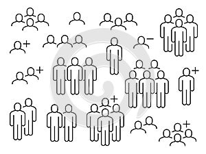 People line icons. Business people groups outline pictograms, add friend request, communication, teamwork and human