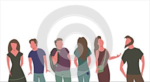 People in line vector flat illustration man and woman isolated on white. Concept group human social art background in row.