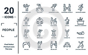 people linear icon set. includes thin line businessman with dollar money, ninja portrait, curier, man hair, stretching exercises,