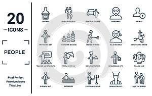 people linear icon set. includes thin line ceo man, protective suit, teacher and students, business suit, help the elderly, farmer