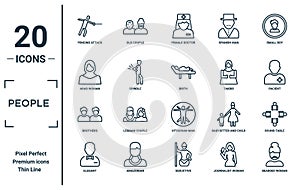 people linear icon set. includes thin line fencing attack, arab woman, brothers, elegant, bearded woman, birth, round table icons
