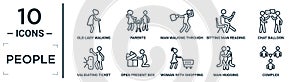 people linear icon set. includes thin line old lady walking, man walking through the wind, chat balloon, open present box, man