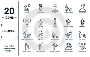 people linear icon set. includes thin line sit down, heads, person giving assistance, man with big key, weathercaster, elegance,