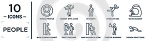 people linear icon set. includes thin line woman profile, students, waves danger, ticket machine, tumb up business man, person