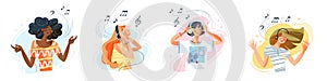 People listen music with headphones and enjoy set vector illustration. Cartoon happy young women characters listening