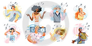 People listen music set, happy young and old man woman listening song, wearing headphones