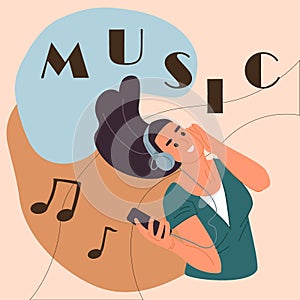 People listen to music. Woman enjoying of melody. Happy girl with smartphone and headset. Musical player. Mobile audio