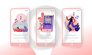 People Listening Music at Smartphone Mobile App Page Onboard Screen Set. Woman Dancing, Relaxing Having Fun