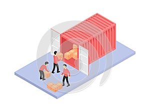 People loading boxes into cargo container