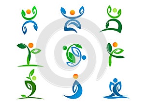 People logo, plant wellness, leaf yoga active and nature symbol design icon set