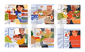 People look for food in fridge set, inside view. Hungry characters check refrigerators with different products