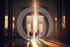 People looking for the entrance. Light at the end concept. Exit from darkness