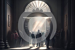 People looking for the entrance. Light at the end concept. Exit from darkness