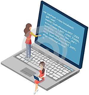 People looking at laptop screen with program code. Programmers coding new project on laptop