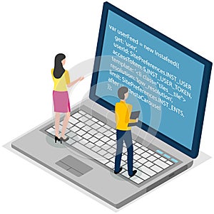 People looking at laptop screen with program code. Programmers coding new project on laptop