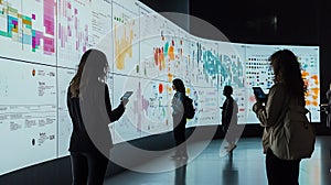 Data visualization wall with people analyzing charts and graphs for business intelligence analysis