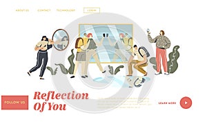 People Looking at Mirror Reflection Landing Page Template. Self-assessment and Personal Appearance