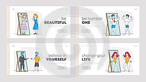 People Looking at Mirror Reflection Landing Page Template Set. Self-assessment and Personal Appearance