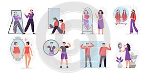 People looking at mirror reflection. Self-assessment and personal appearance vector illustration