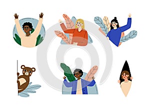 People looking out of windows set. Men, women and bear animal peeping and doing various gestures cartoon vector