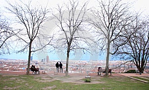 People at the Lookout Point in Lyon, France: the Jardin des Curiosities