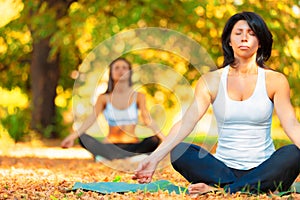 People, lotus and meditation for wellness outdoor in nature for zen and peace of mind, forest and fitness. Women, calm
