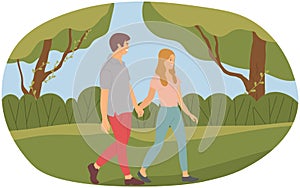 People in love spending time together oudoor. Couple in relationship walks by handle in forest