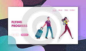 People with Luggage Book Cheap Flight Landing Page Template. Saving Vacation Budget. Characters Buying Airplane Tickets