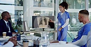 People, lungs xray or nurse in meeting for planning, teamwork or healthcare presentation. Tuberculosis review, screen or