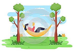 People Lying on Hammock in Park Flat Cartoon Vector Illustration. Summer Vacation Outdoor Picnic Between Two Trees