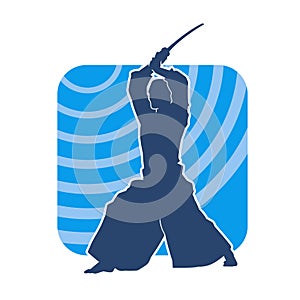 Silhouette of a sword warrior in action pose. Silhouette of kendo martial art pose.