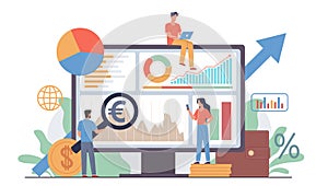 People with magnifying glass. Business persons group in work process, man holds big loupe, graphs on monitor, exchange