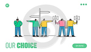 People making choices. Template landing page background with cartoons choosing way and thinking