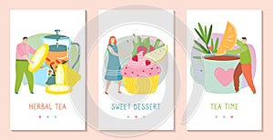 People making herbal tea with lemon and cupcake, set of concept banners for mobile app, vector illustration