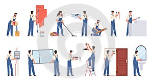 People making renovation. Workers in overalls, men and women carry out repair work, interior wall painting, installing