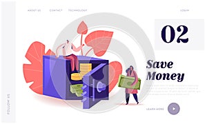 People Making Savings, Investment and Cash Safety Landing Page Template. Tiny Man Woman Characters Put Money into Safe