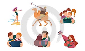 People making selfie on smartphones in different situations vector illustration