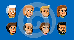 People, male and female faces avatars. Pixel art style vector icons set vector illustration