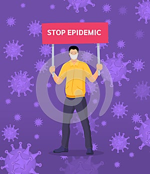 People man in medical masks with placards with stop epidemic. Concept of quarantine chinese virus coronavirus epidemic