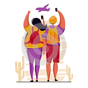 People, man and woman with backpacks on holiday trip.Travel and vacation concept.Vector illustration characters.