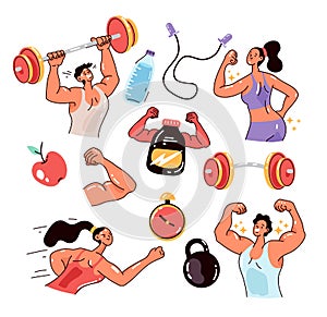 People man woman characters exercising. Sport gym bodybuilding athletic workout isolated set. Vector flat modern style design illu