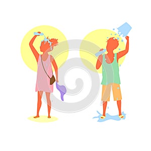 People man and woman coping with extreme heat wave by drinking water and pouring water and ice bucket over heads