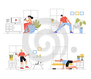 People, man and woman doing workout indoor, morning exercise. Sport exercise at home set. Vector illustration in flat