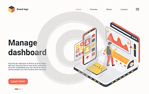 People manage dashboard isometric landing page, working on data analysis creative process