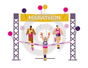 People marathon runners cross the finish line, Multinational Marathon race championship, vector sport cartoon characters