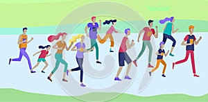 People Marathon Running Sport race sprint, concept illustration running men and women wearing sportswer in landscape. Jogging at