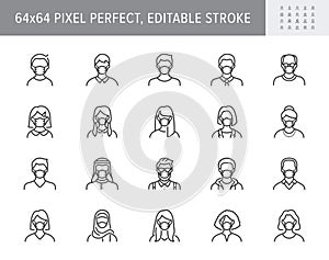 People in mask avatar line icons. Vector illustration included icon as man, female, muslim, senior, adult and young