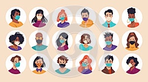 People in mask icon. Senior man or woman staff. Face protection clothing. Persons in facial medical respirators. Flat color